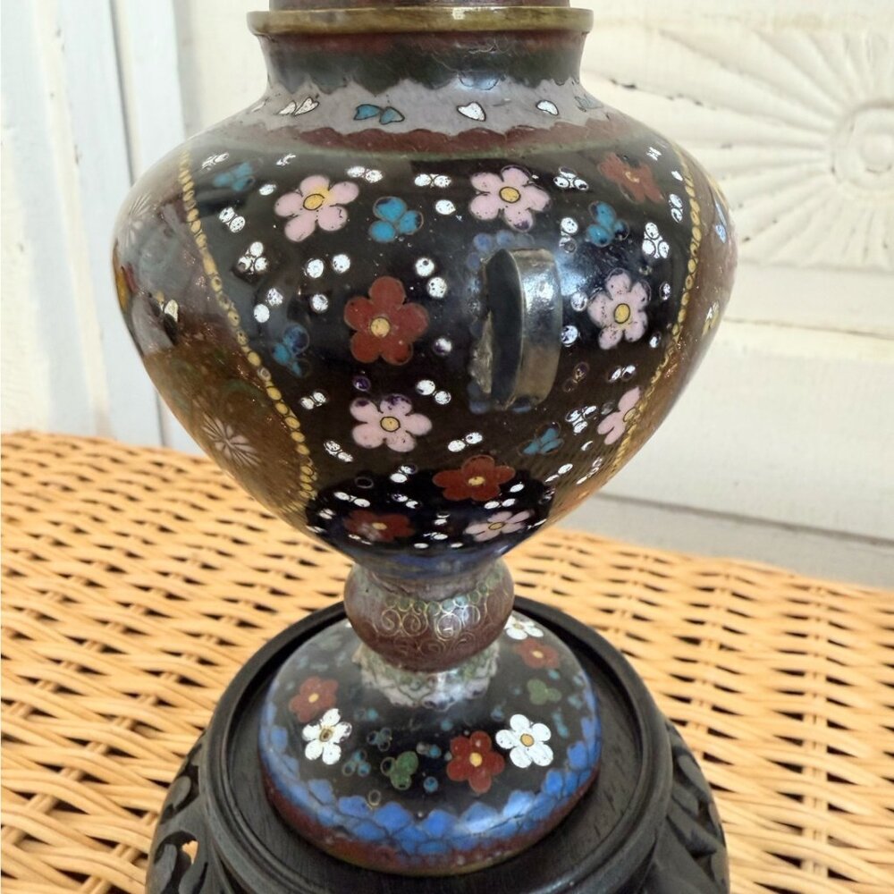 Antique Meiji 1910s Japanese Goldstone Cloisonne' Urn/ Stand Butterfly flower 7" - Picture 15 of 16